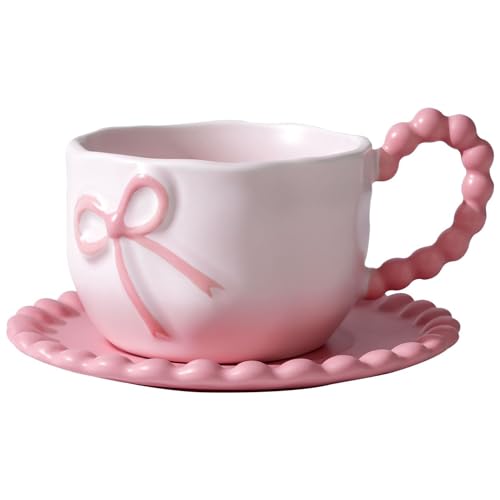 Coquette Bow Coffee Mug Personalized Set with Saucer Mug Porcelain Coffee Tea Cup 12oz