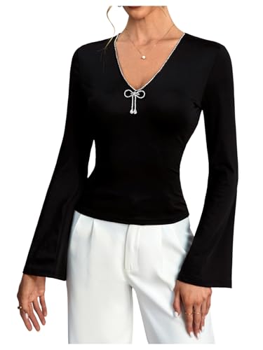 Women's Sparkly Rhinestone V Neck T Shirt Bell Long Sleeve Fitted Going Out Tops