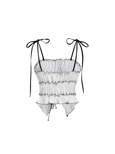 Women's Bow Tie Cami Tops Ruffle Spaghetti Strap Contrast Trim Asymmetrical Camisole Tank