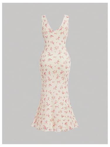 Women's Plus Size Floral Sleeveless Midi Dress Fishtail Hem Tank Dress