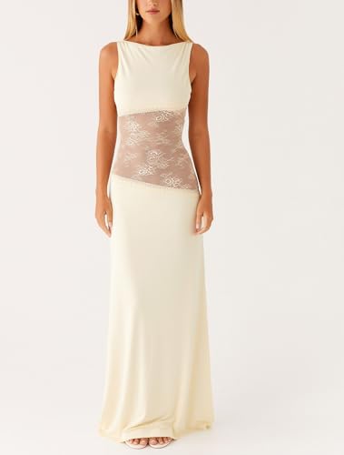 Women Satin Bodycon Maxi Dress Y2K Lace Patchwork Sleeveless Dress Backless Cutout Long Lace Dress Elegant