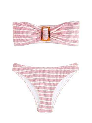 Women's 2 Piece Strapless Swimsuit Striped Bandeau High Waisted Thong Bikini Set Bathing Suit