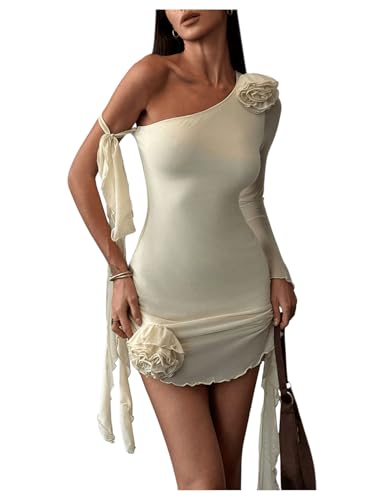 Women's 3D Floral Bodycon Mesh l Asymmetrical Long Sleeve Mini Dress