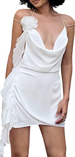 Women's Y2k Backless Ruffle Trim 3D Flower Sexy Sleeveless Strap Halter Bodycon Mini Dress