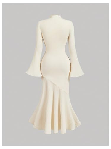 Women's 3D Floral Bell Sleeve Mock Neck Midi Dress Ruffle Hem Bodycon Wedding Guest Dresses