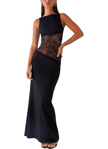 Women Satin Bodycon Maxi Dress Y2K Lace Patchwork Sleeveless Dress Backless Cutout Long Lace Dress Elegant