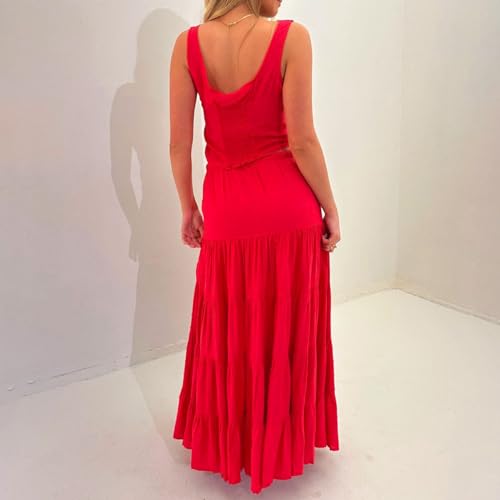 Women 2 Piece Outfits Y2k Sleeveless Lace Trim Cami Tops and Ruffle Ruched Maxi Skirt Matching Set