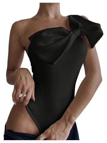 Women's One Shoulder Sleeveless Big Bow Front Elegant Fitted Tank Top Bodysuit