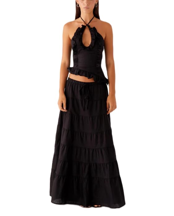 Womens 2 Piece Maxi Skirt Set Y2k Halter Ruched Cami Top Tiered Flowy Ruffle Skirt Outfit