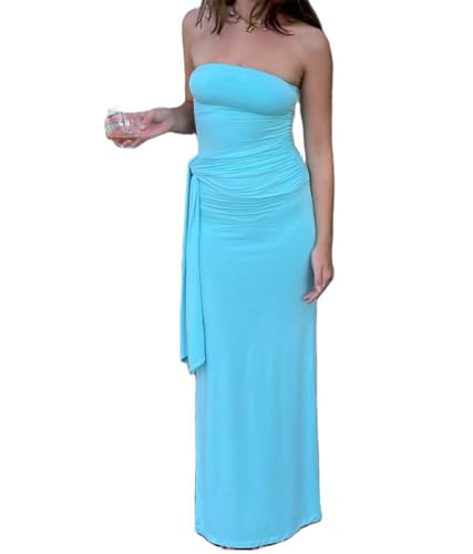 Women Y2k Floral Strapless Dress Sexy Backless Tube Maxi Dress Sleeveless Mesh Bodycon Long Dress