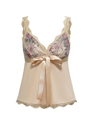 Women's Coquette Tank Tops Y2K Lace Trim Crop Top Bowknot Deep V Neck Sleeveless Camisole Blouse