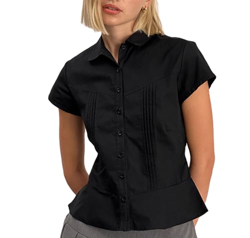 Y2k Fairy Plaid Button Down T Shirts Women Short Sleeve V Neck Aesthetic Tee Shirts Slim Fit Gingham Crop Top