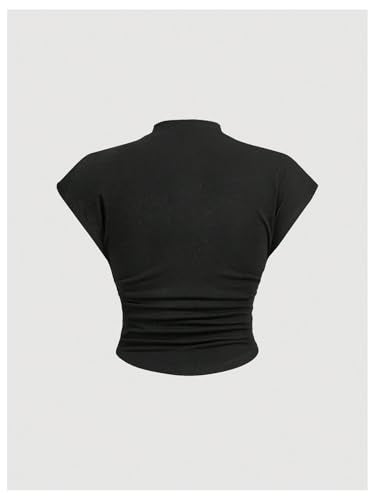 Women's Plus Size Y2K 3D Bow Crop Tops Mock Neck Cap Sleeve Ruched T Shirt