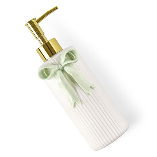 Handmade Ceramic Bow Soap Pump Dispenser Hand Lotion Liquid Dispenser Refillable for Kitchen and Bathroom Decorative