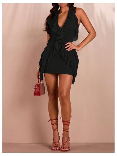 Women's 3D Floral Ruffle Trim Bodycon Mini Dresses Halter V Neck Sleeveless Cocktail Party Dresses