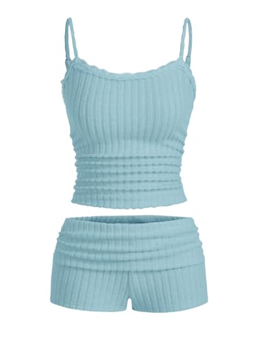 Women's 2 Piece Outfit Ribbed Knit Cute Camisole and Mini Shorts Set