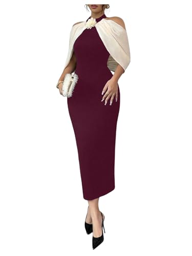 Women's 3D Floral Halter Dress Elegant Color Block Cold Shoulder Backless Bodycon Dresses