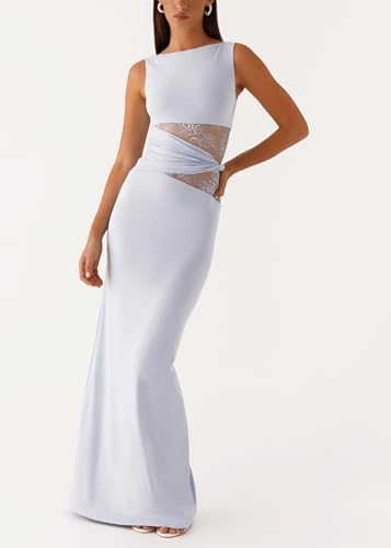 Women Satin Bodycon Maxi Dress Y2K Lace Patchwork Sleeveless Dress Backless Cutout Long Lace Dress Elegant