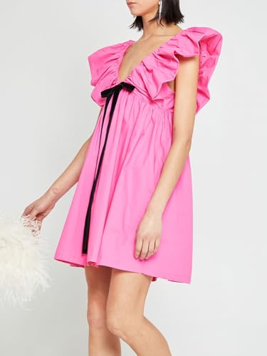 Women's Mini Dress V Neck Puff Sleeve Dress Short Babydoll Bow Dress