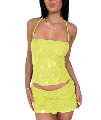 Women Y2K Lace 2 Piece Skirt Set Floral Lace Fitted Crop Cami Top See Through Low Waist Skirt Outfit Streetwear