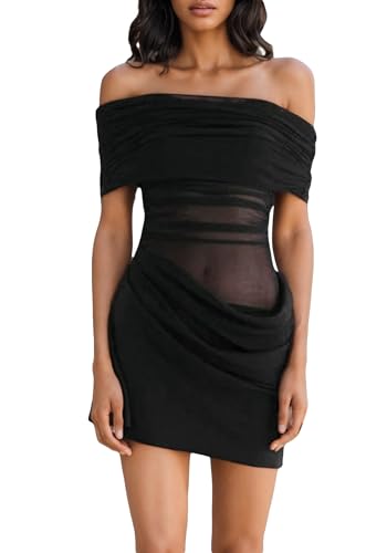 Women's Off The Shoulder Sheer Mesh Mini Dress Ruched Dresses Sexy See Through Y2k Short Dress