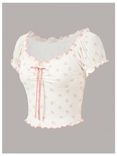 Women's Floral Puff Short Sleeve Sweetheart Neck Frilly Coquette Crop Top Tee