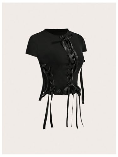 Women's Y2k Bow Tie Front T Shirt Short Sleeve Crew Neck Coquette Crop Tops