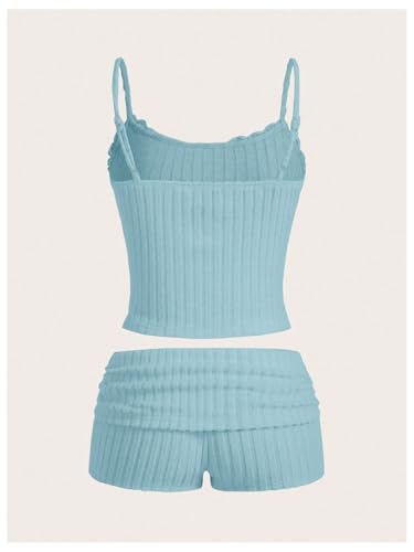Women's 2 Piece Outfit Ribbed Knit Cute Camisole and Mini Shorts Set