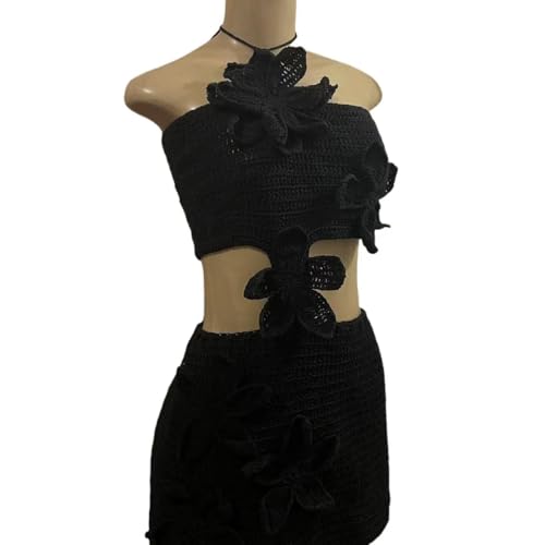 Women Halter Hollow Out Knitted Mini Dress Sexy Crochet 3D Flower Mini Dress