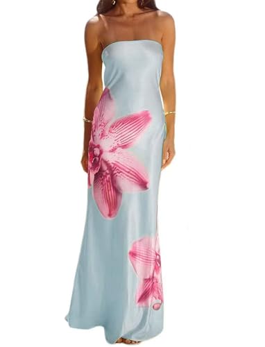 Women Floral Strapless Maxi Dress Sexy Bodycon Backless Tube Long Dress Summer Off Shoulder Cocktail Dresses