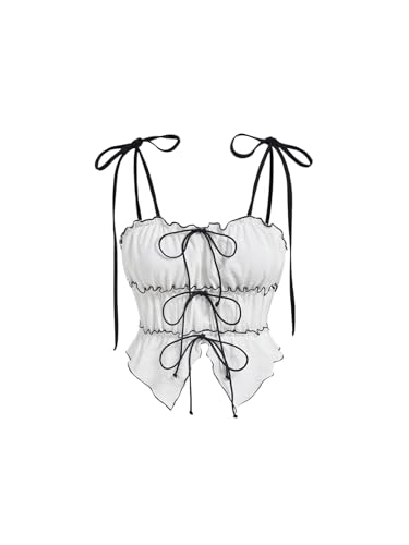 Women's Bow Tie Cami Tops Ruffle Spaghetti Strap Contrast Trim Asymmetrical Camisole Tank
