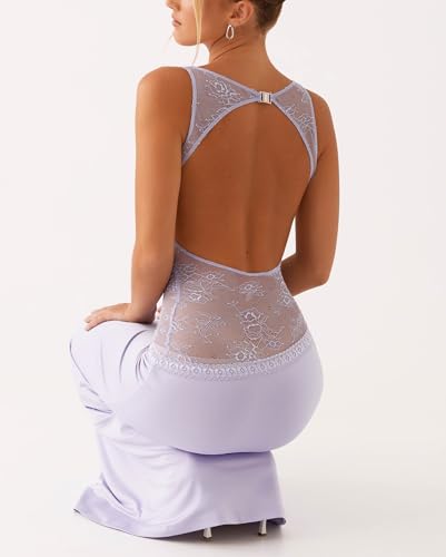 Women Satin Bodycon Maxi Dress Y2K Lace Patchwork Sleeveless Dress Backless Cutout Long Lace Dress Elegant