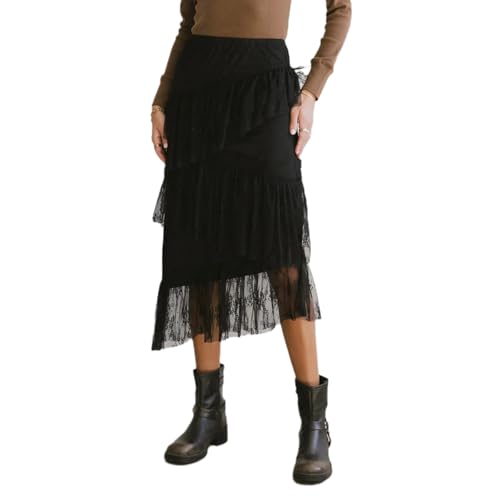 Lace Maxi Skirt High Waist Ruffle A-Line Flare Long Skirt