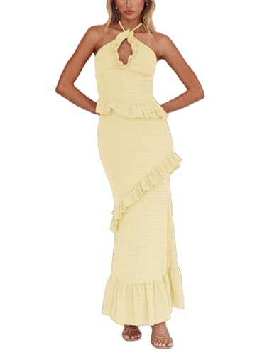 Womens 2 Piece Maxi Skirt Set Y2k Halter Ruched Cami Top Tiered Flowy Ruffle Skirt Outfit