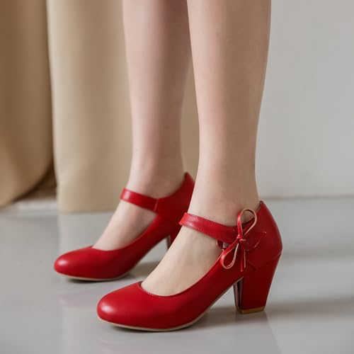 Women's Bow Mary Jane Dress Pumps Shoes Chunky Block High Heels Round Toe Shoes