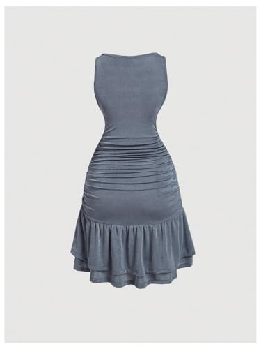 Women's 3D Floral Ruched Ruffle Dress Layered Sleeveless Bodycon Tank Dress with Straps