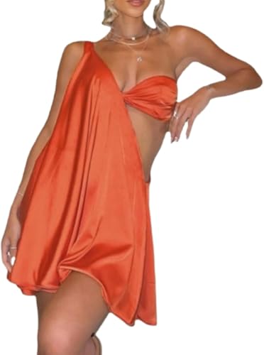 One Shoulder Dress for Women Sexy Satin Dress Sleeveless Backless Pleated
