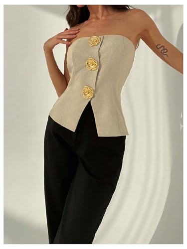 Women's Flower Metallic Sleeveless Bandeau Split Hem Strapless Tube Top