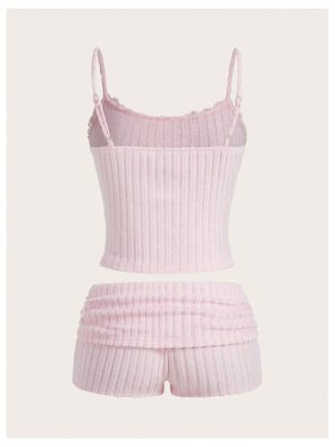Women's 2 Piece Outfit Ribbed Knit Cute Camisole and Mini Shorts Set