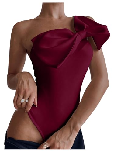 Women's One Shoulder Sleeveless Big Bow Front Elegant Fitted Tank Top Bodysuit