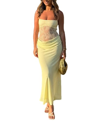 Women Sexy Hollow Out Maxi Dress Sleeveless Backless Lace Pachwork Bodycon Long Dress Y2k Dress