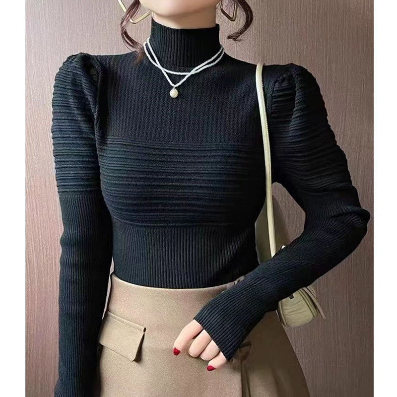 Women's Half Turtleneck Puff Sleeve Knitted Bottoming Shirt