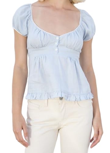 Y2K Short Sleeve Babydoll Tops for Women Cute Aesthetic U Neck Teen Girls Tshirt Ruffle Hem Patchwork Peplum Shirts