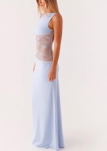 Women Satin Bodycon Maxi Dress Y2K Lace Patchwork Sleeveless Dress Backless Cutout Long Lace Dress Elegant