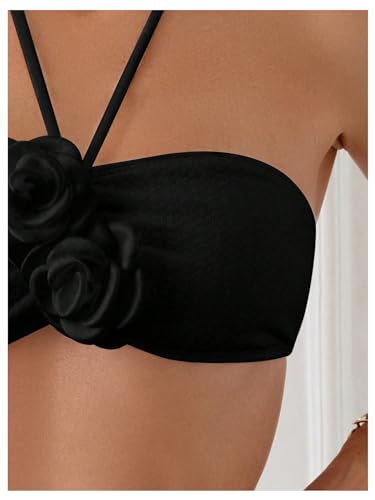 Women's 2 Piece Halter Swimsuit 3D Flower Appliques Bandeau Tummy Control Bikini Set