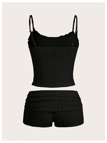 Women's 2 Piece Outfit Ribbed Knit Cute Camisole and Mini Shorts Set