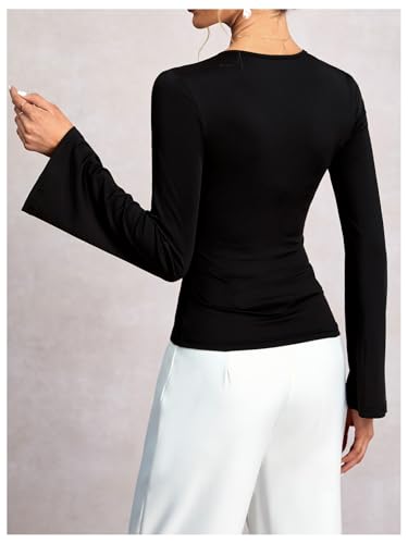 Women's Sparkly Rhinestone V Neck T Shirt Bell Long Sleeve Fitted Going Out Tops