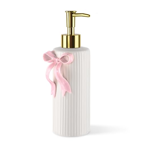Handmade Ceramic Bow Soap Pump Dispenser Hand Lotion Liquid Dispenser Refillable for Kitchen and Bathroom Decorative