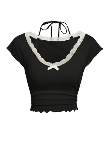 Women's Contrast Lace Halter Neck Lettuce Trim Casual Crop Tee Tops