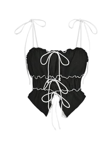 Women's Bow Tie Cami Tops Ruffle Spaghetti Strap Contrast Trim Asymmetrical Camisole Tank